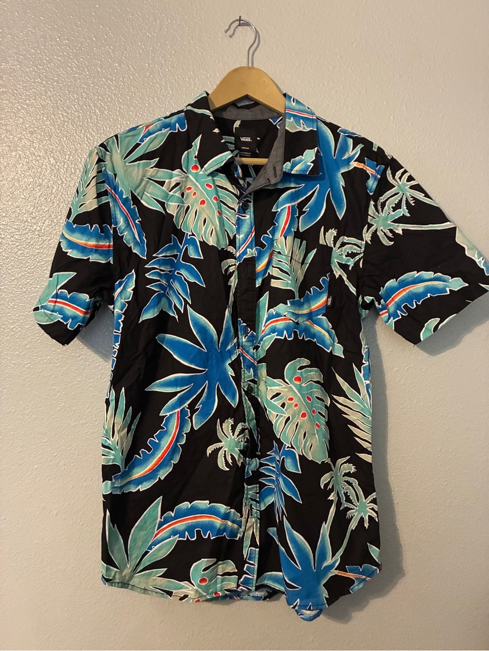Vans Black Tropical Button-Down Shirt with Blue & Green Foliage